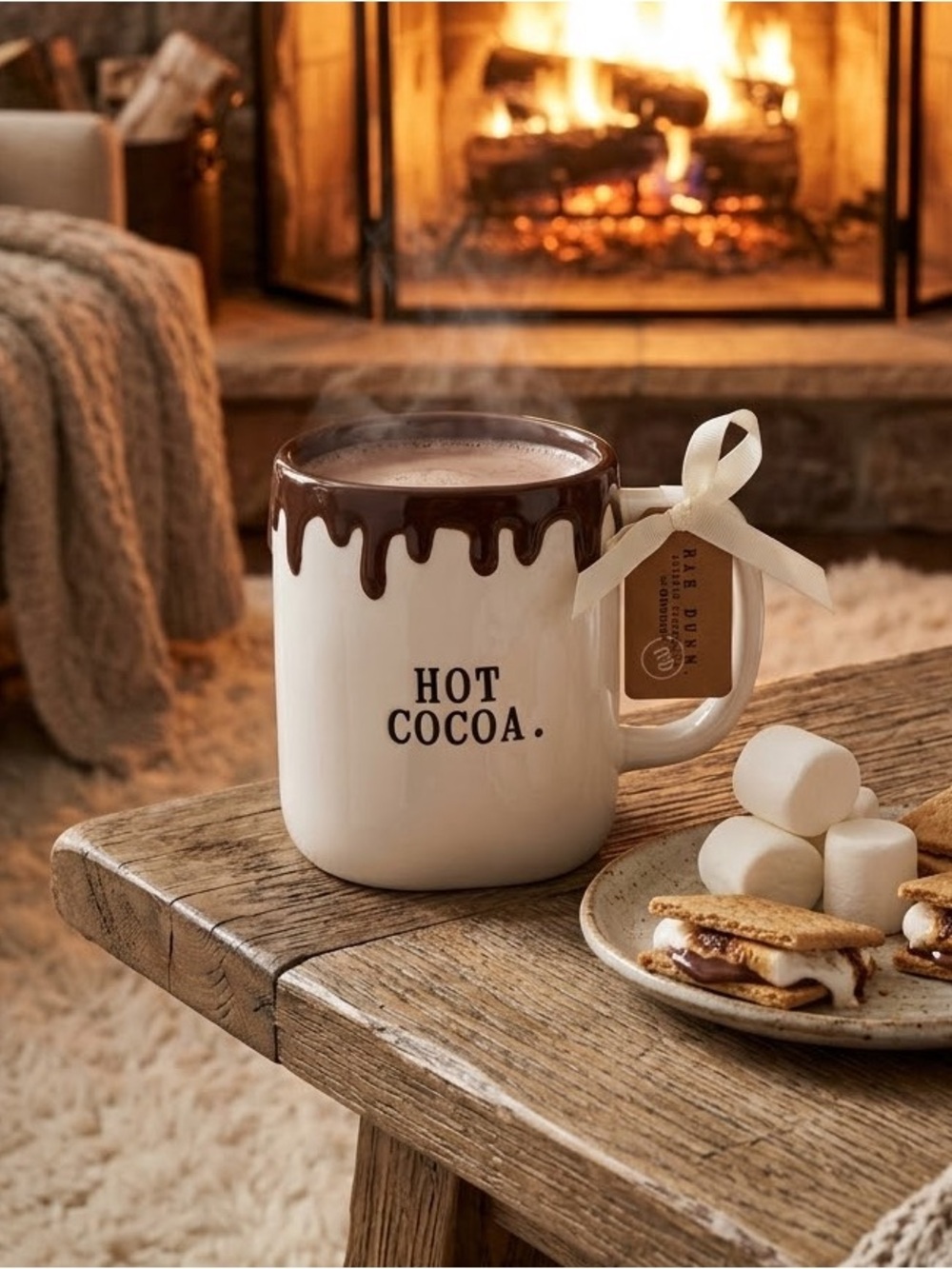 Rae Dunn White Ceramic Hot Cocoa Mug with Brown Drip